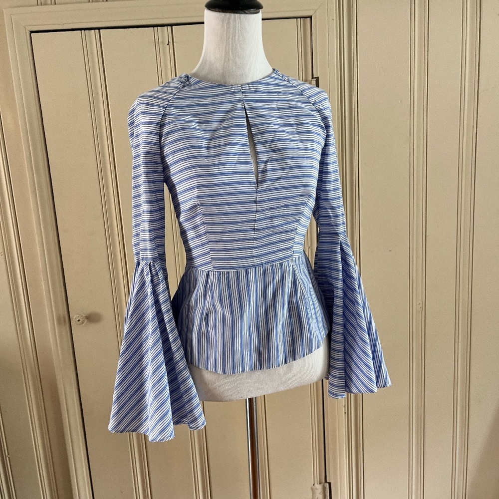 Milly Blue & White Silk/Cotton Striped Bell Sleeve Peplum Blouse with Tie back